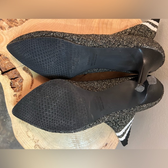 STUART WEITZMAN Waverly Sock Booties Black and Gold Glitter w/Stripe Top sz. 9.5 - Picture 7 of 8